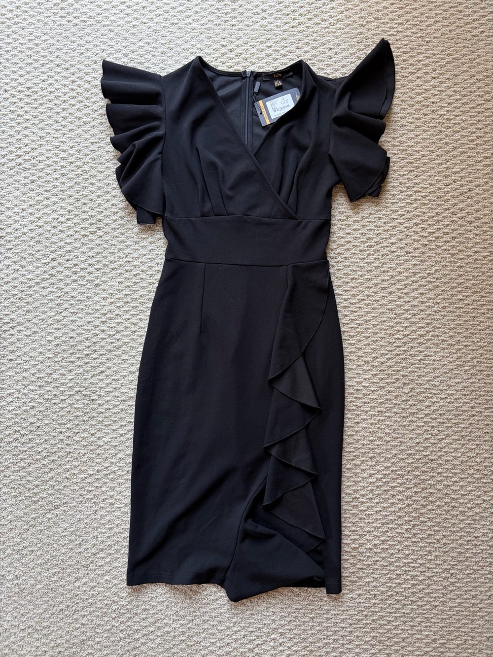 Flutter-Sleeve Black Wrap-Front Midi Dress